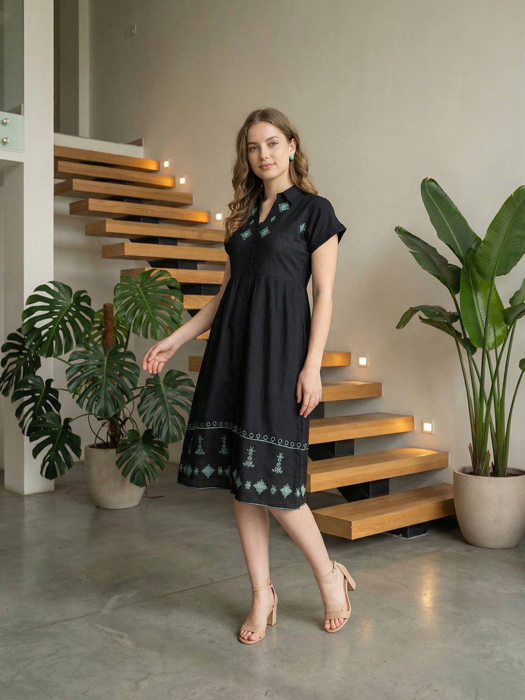 Zummer Embroidered Cotton Midi Dress with Shirt Collar – Black, Charcoal & Sea Green