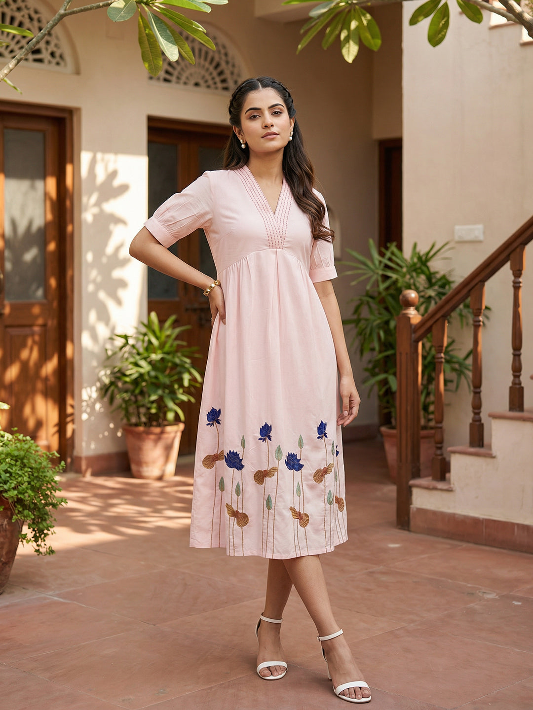 Zummer Women Pink Floral Cotton Empire Midi Dres