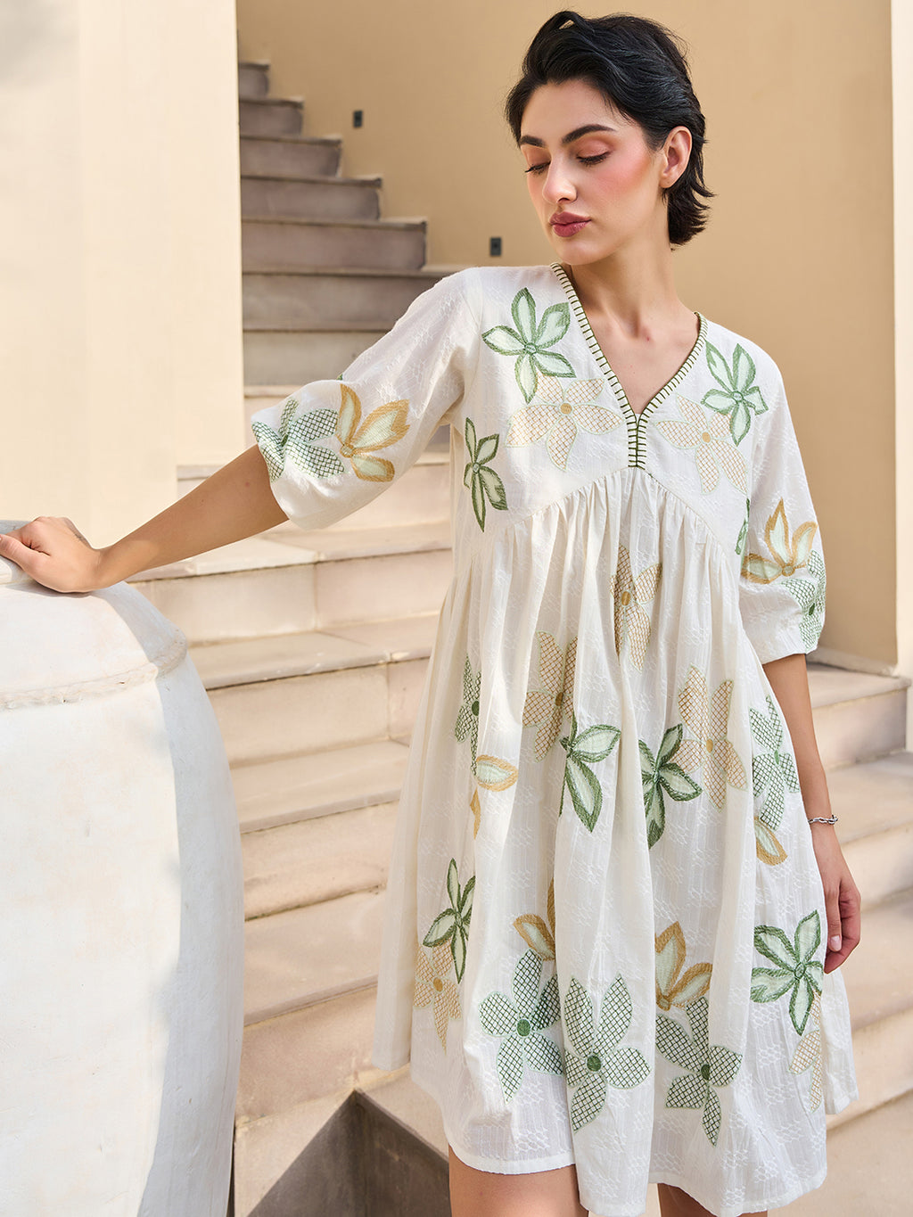 Cotton Floral Embroidered  Puff Sleeve Short Dress