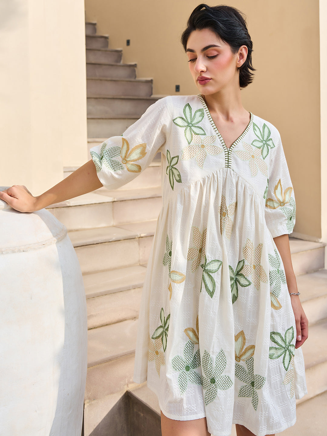 Cotton Floral Embroidered  Puff Sleeve Short Dress