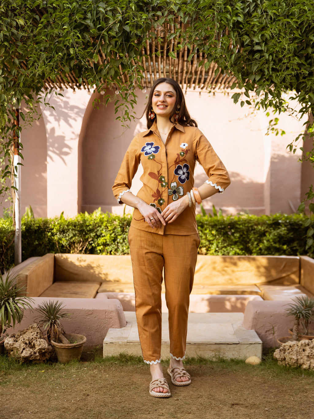 Zummer Embroidered Cotton Co-Ord Set with Shirt & Trousers – Brown, Camel & Navy Blue