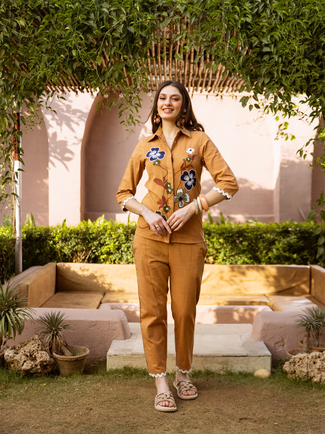 Zummer Embroidered Cotton Co-Ord Set with Shirt & Trousers – Brown, Camel & Navy Blue