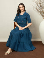 Zummer Cotton Flare Maxi Dress with Jacket – Teal, Off White & Maroon