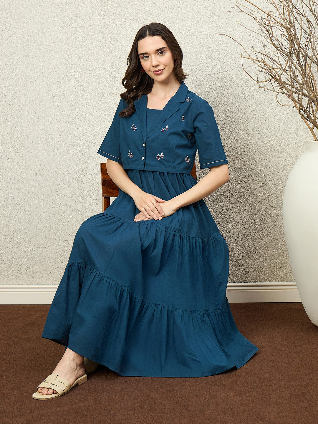 Zummer Cotton Flare Maxi Dress with Jacket – Teal, Off White & Maroon