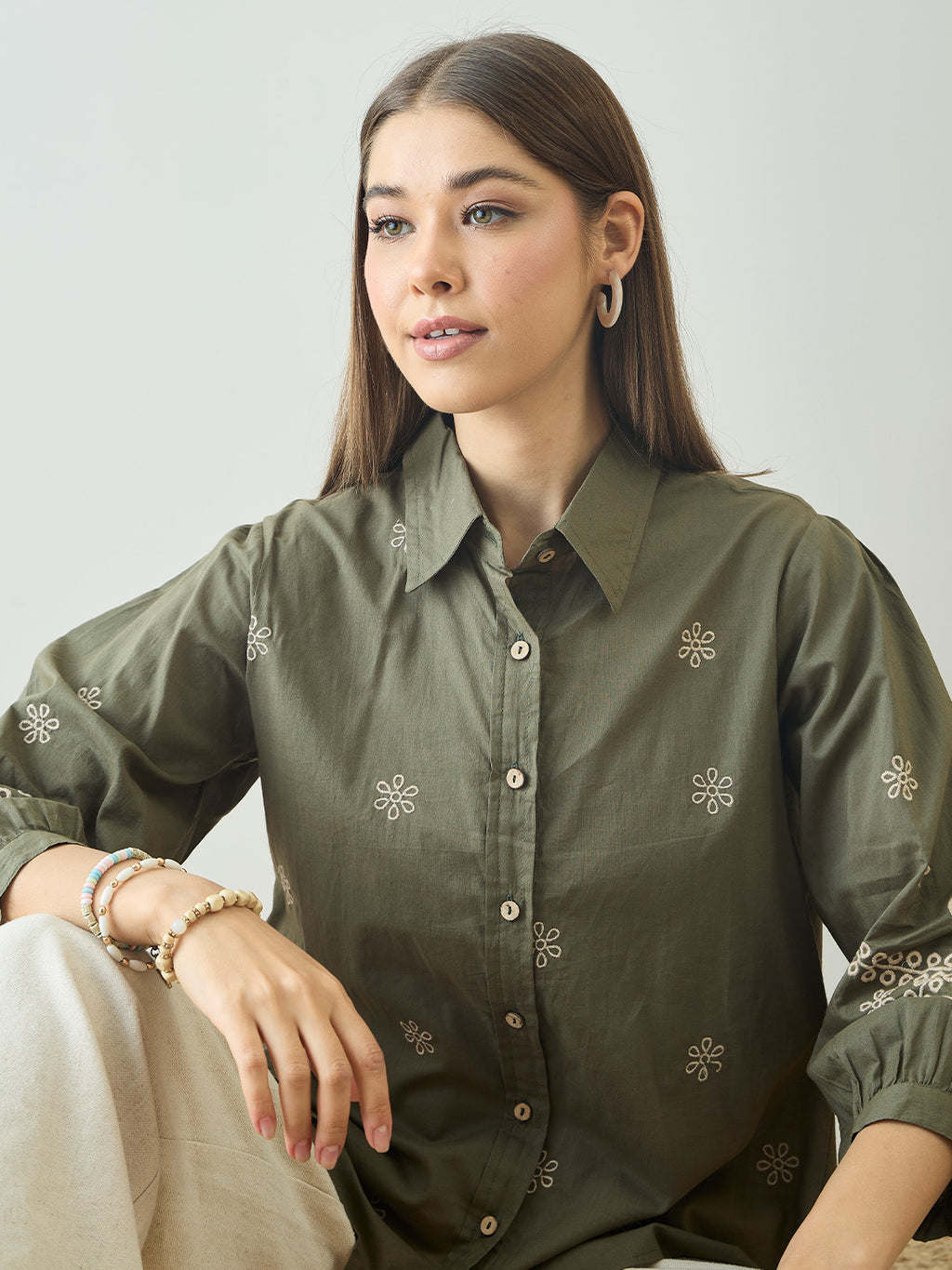 Cotton Olive Floral Embroidered Shirt