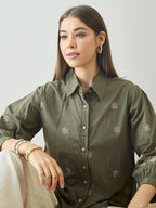 Cotton Olive Floral Embroidered Shirt