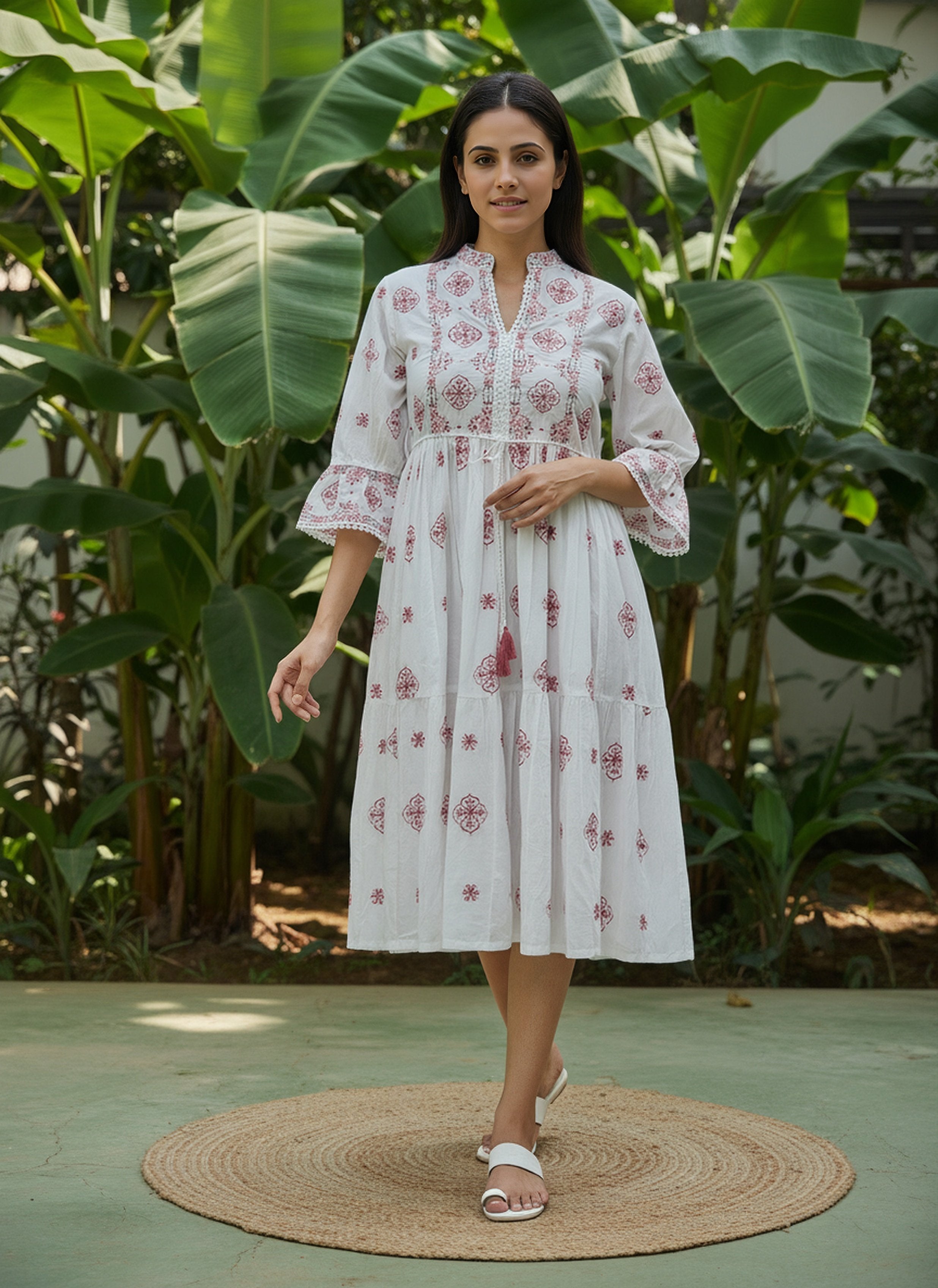 Cotton Floral Embroidered  Puff Sleeve Dress
