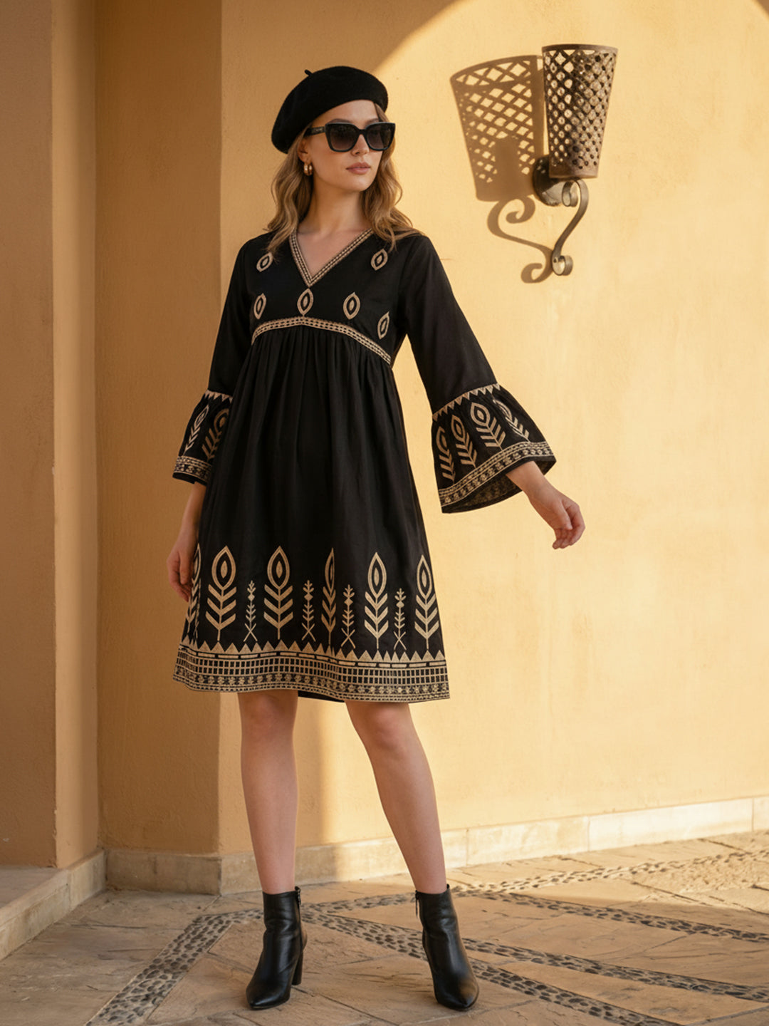 Zummer Embroidered Cotton Knee-Length Dress with Bell Sleeves – Black, Charcoal & Beige