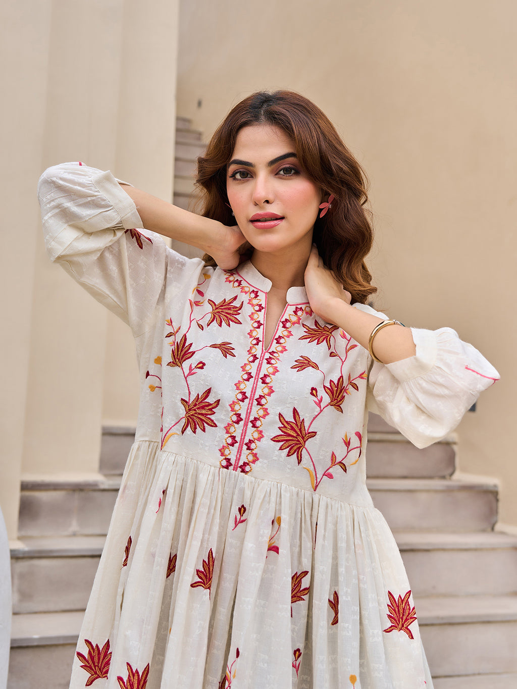 Off white Embroidered Fit And Flare Short Dress