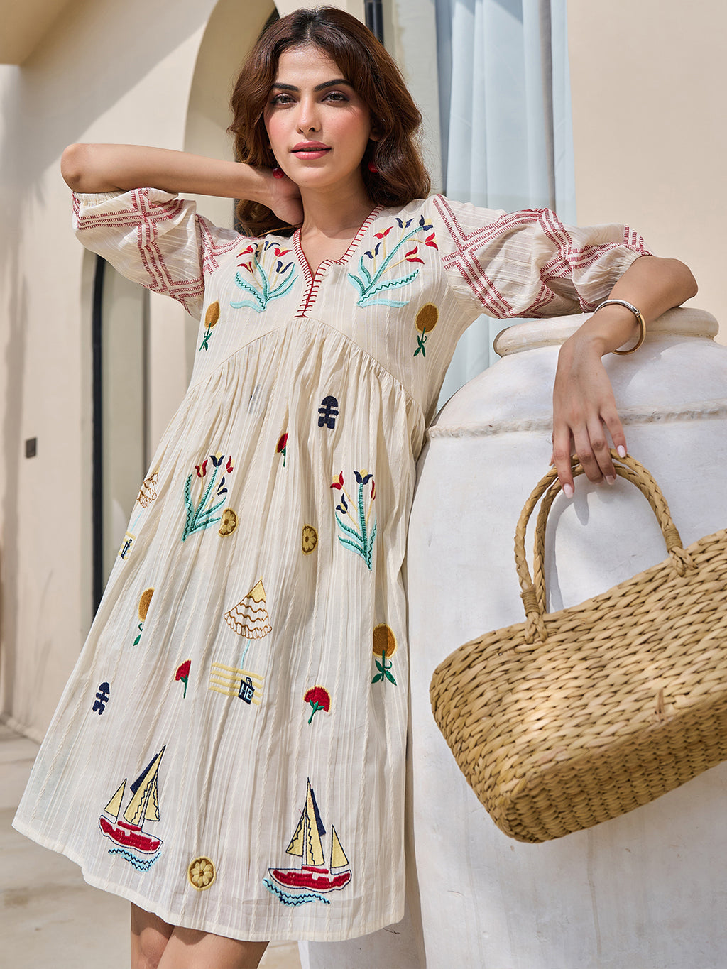 Cotton Embroidered  Puff Sleeve Short Dress