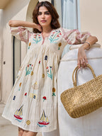 Cotton Embroidered  Puff Sleeve Short Dress