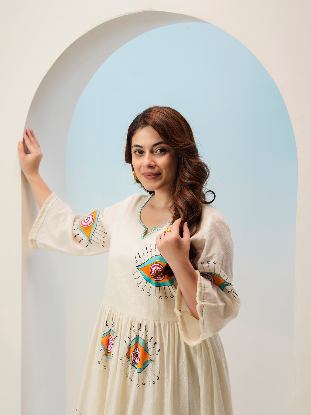 Zummer Hand-Painted Cotton Midi Dress with Ruffles & Bell Sleeves