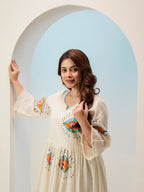 Zummer Hand-Painted Cotton Midi Dress with Ruffles & Bell Sleeves
