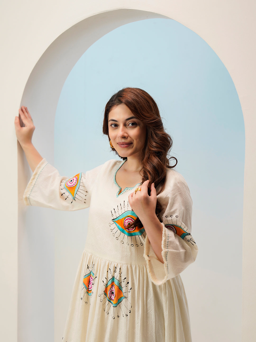 Zummer Hand-Painted Cotton Midi Dress with Ruffles & Bell Sleeves