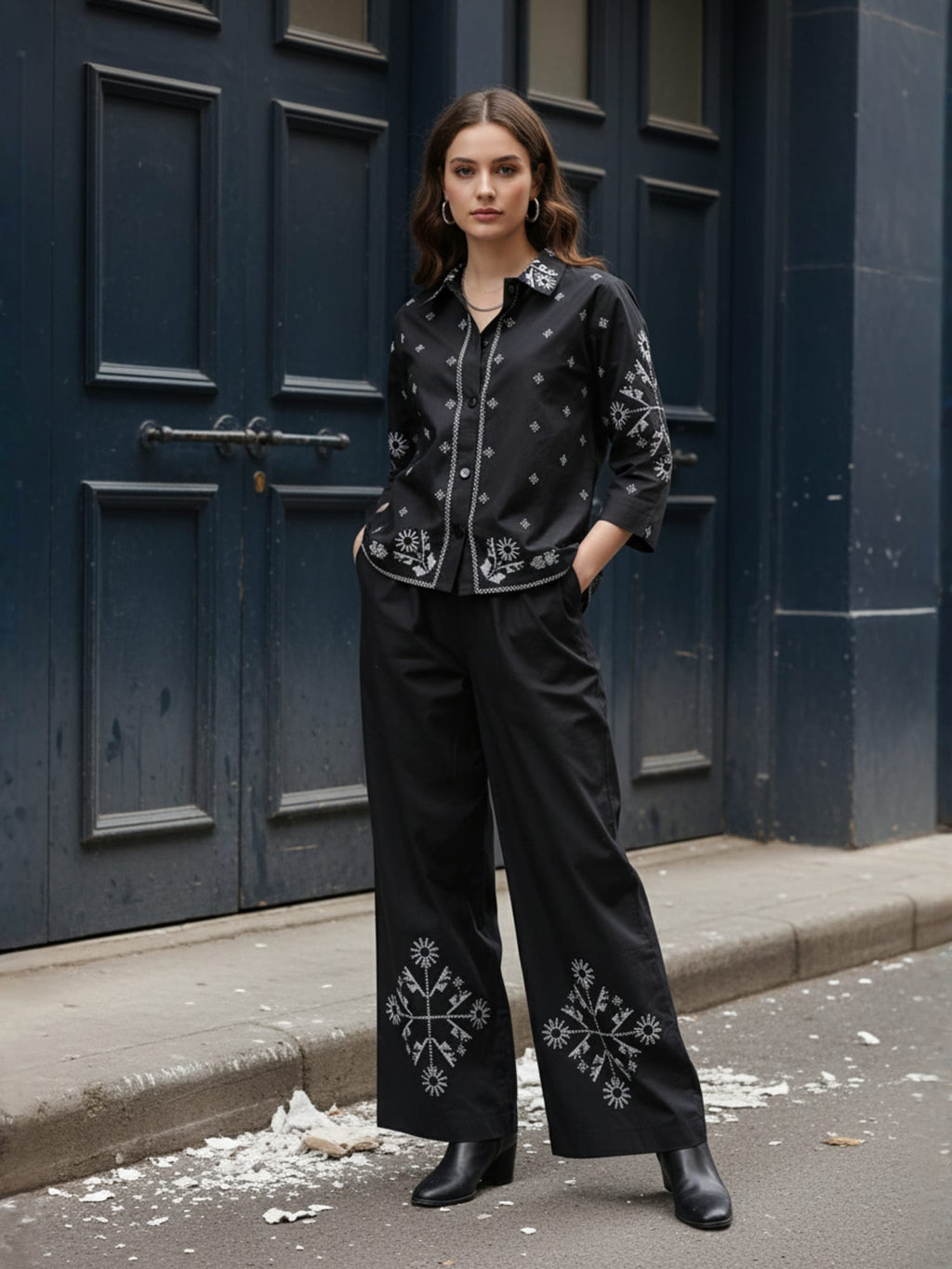 Cotton Embroidered Shirt With Palazzos Co-Ords Set