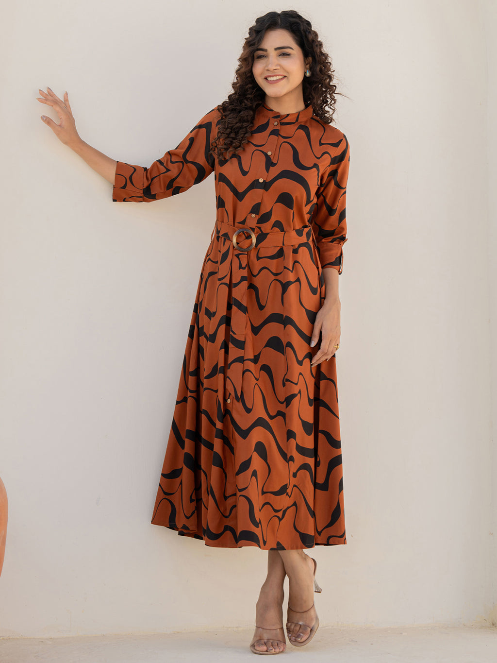 Rayon Brown Printed Fit And Flare Maxi Dress