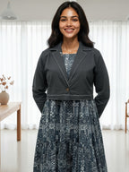 Cotton Printed Fit And Flare Midi Dress with Embroidered Jacket