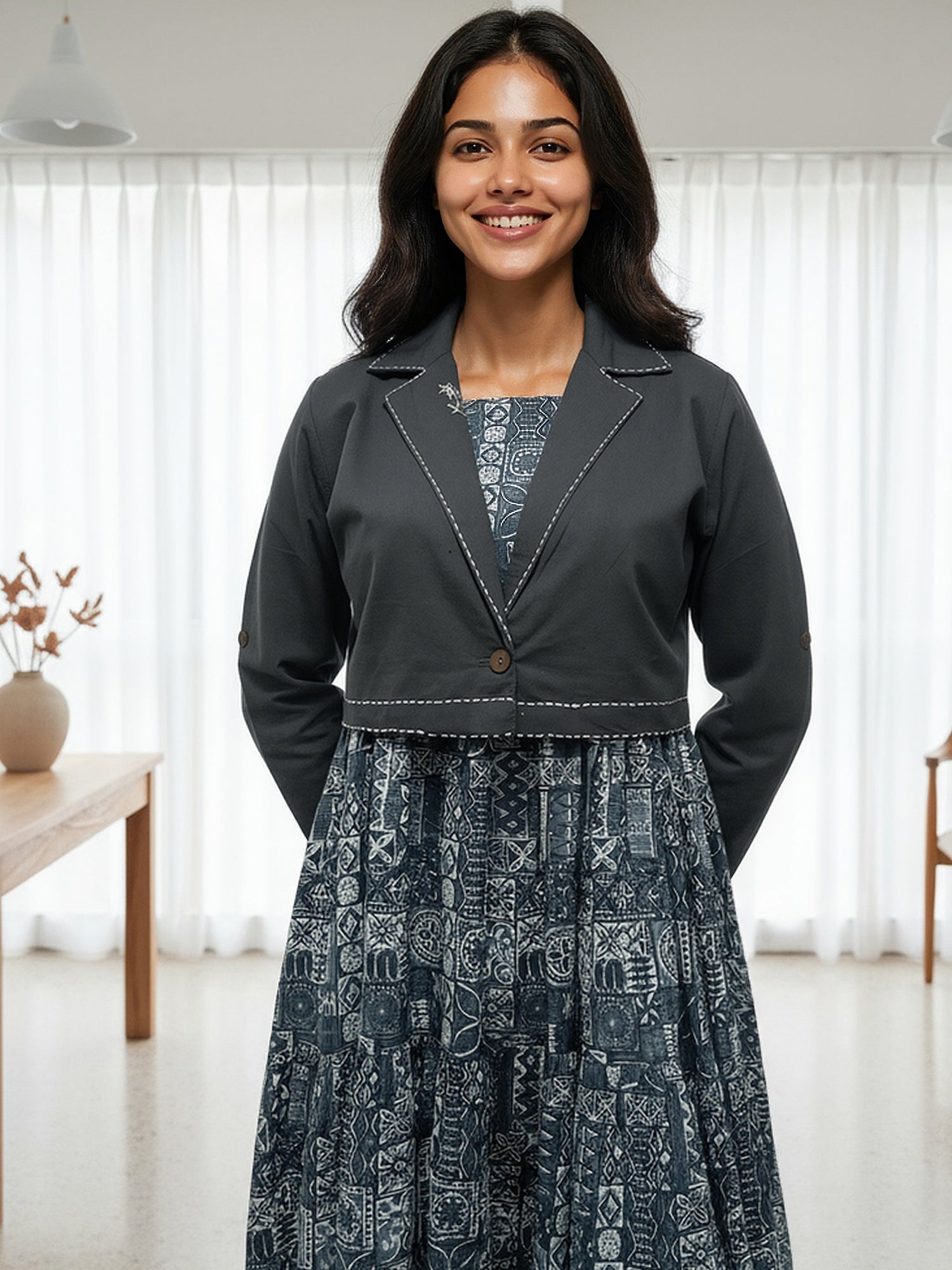 Cotton Printed Fit And Flare Midi Dress with Embroidered Jacket