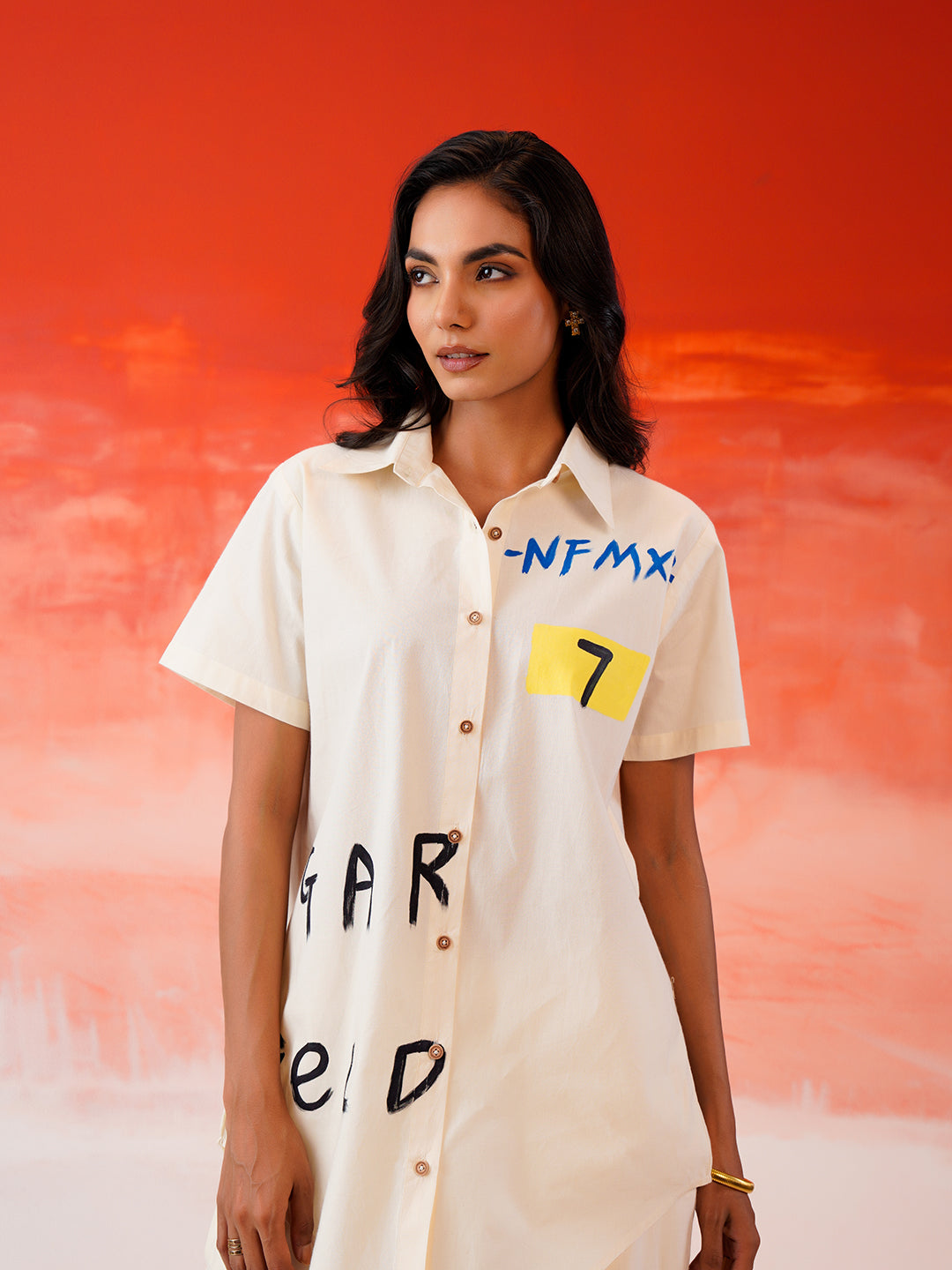 Zummer Hand-Painted Cotton Co-Ord Set with Shirt & Trousers – Off White, Cream & Multi