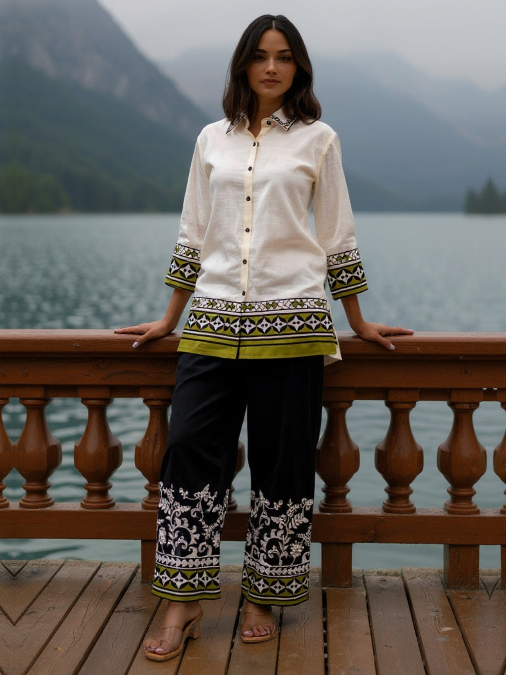 Cotton Off White And Black Embroidered Shirt With Trouser Co-Ords Set