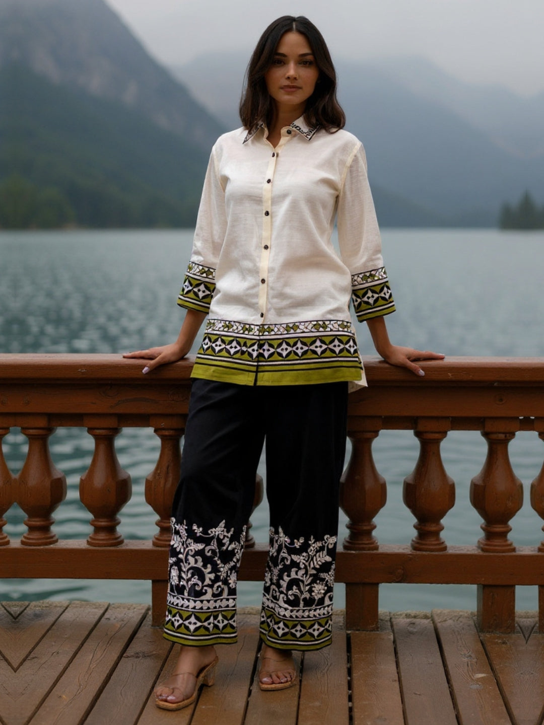 Cotton Off White And Black Embroidered Shirt With Trouser Co-Ords Set
