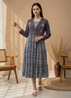 Cotton Lavender Printed Fit And Flare Midi Dress with Embroidered Jacket