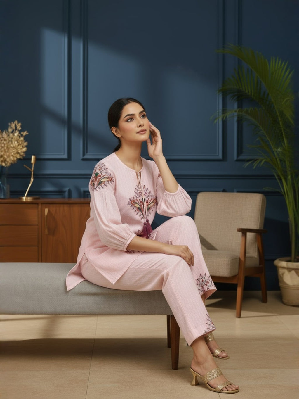 Cotton Embroidered Tunic With TrouserCo-Ords Set