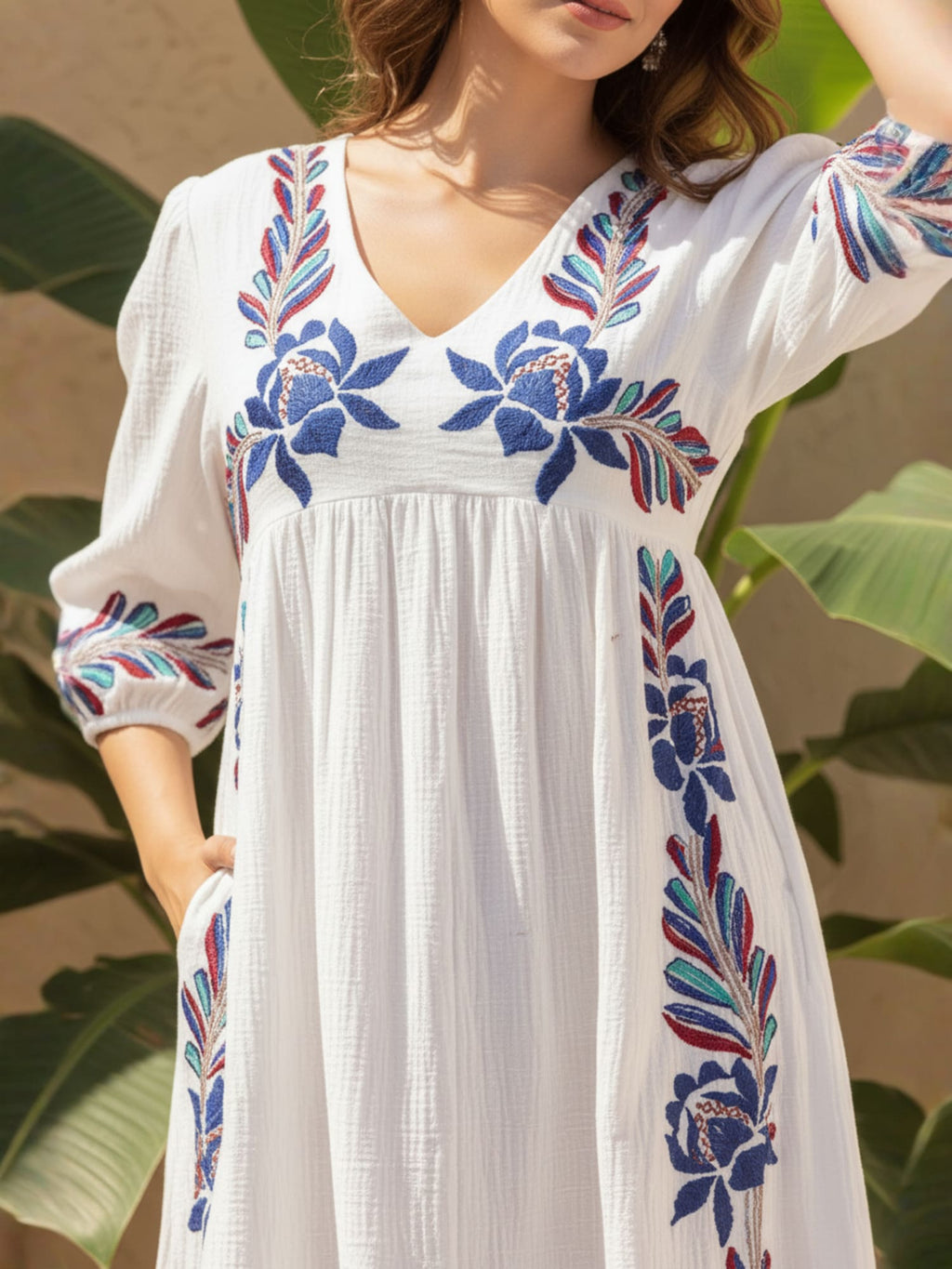 white Embroidered Empire Midi Dress