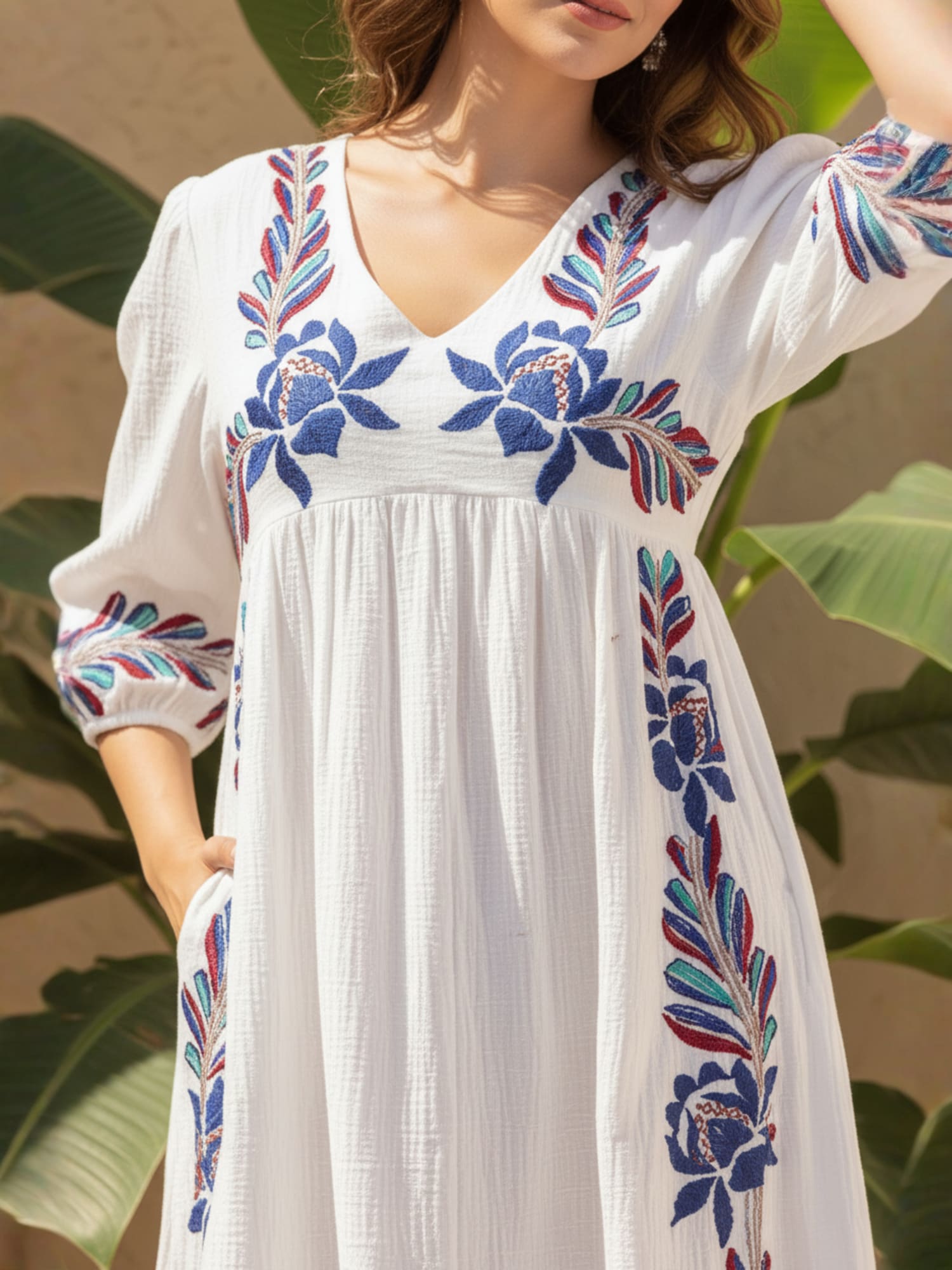 white Embroidered Empire Midi Dress