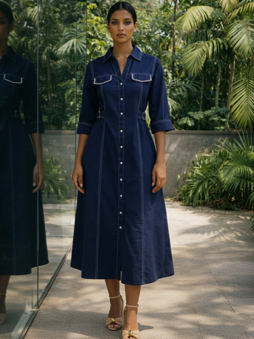 Zummer Women Navy Blue Embellished Cotton A-Line Midi Dress