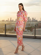 Pink Asbstract One Shoulder Ruched Midi Dress