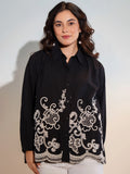 Black Floral Embroidered Boxy Shirt
