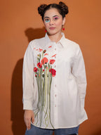 White Floral Embroidered Relaxed Fit Shirt