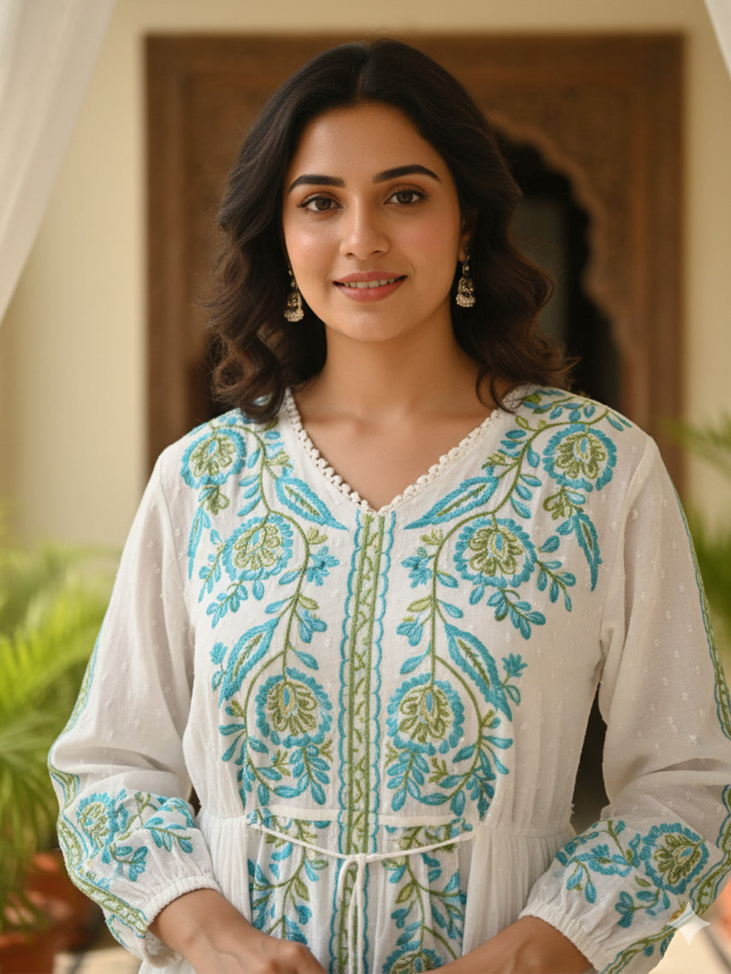 Cotton White Embroidered Fit and Flare Maxi Dress