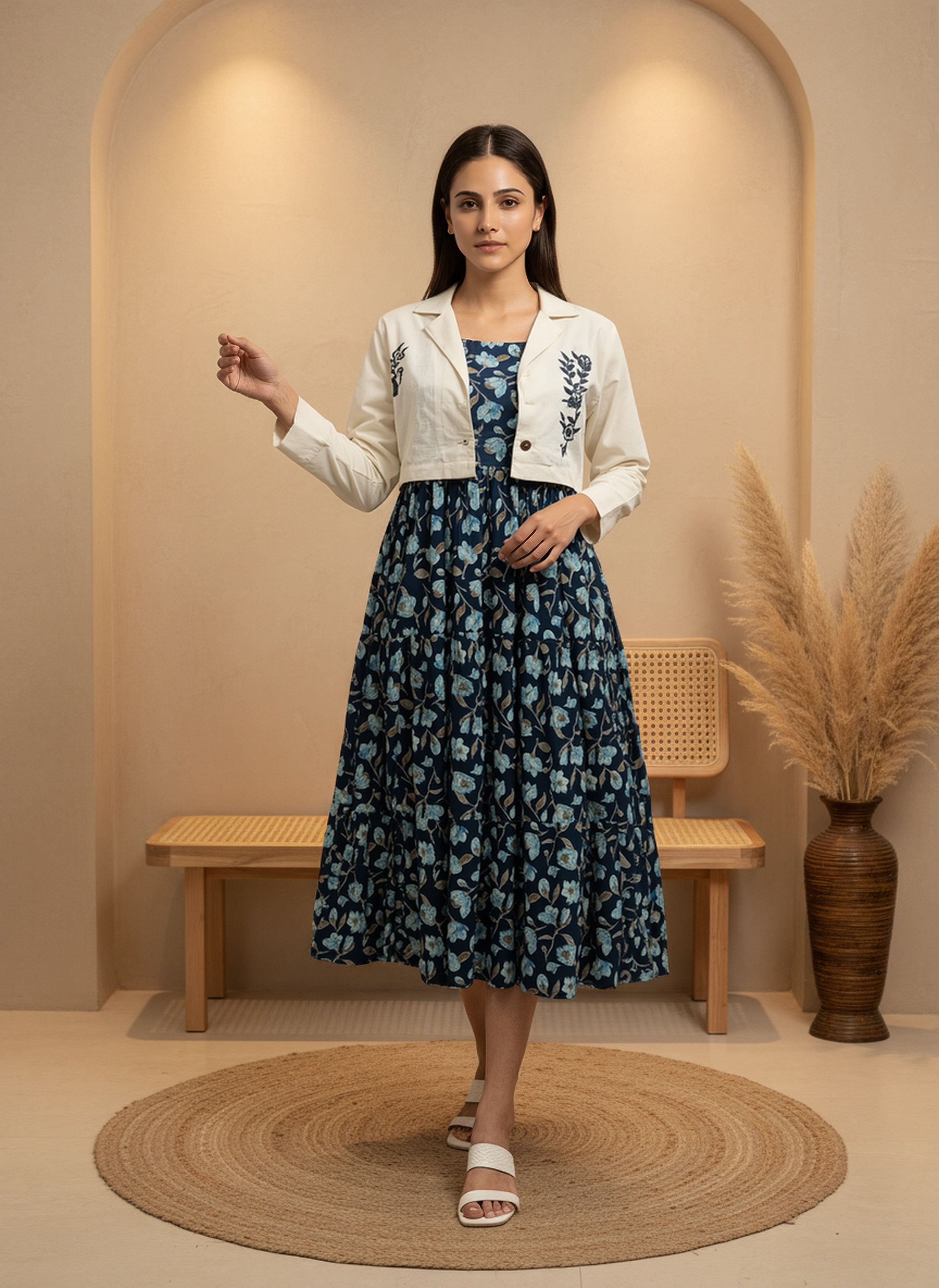 Cotton Navy Blue Printed Fit And Flare Midi Dress with Embroidered Jacket