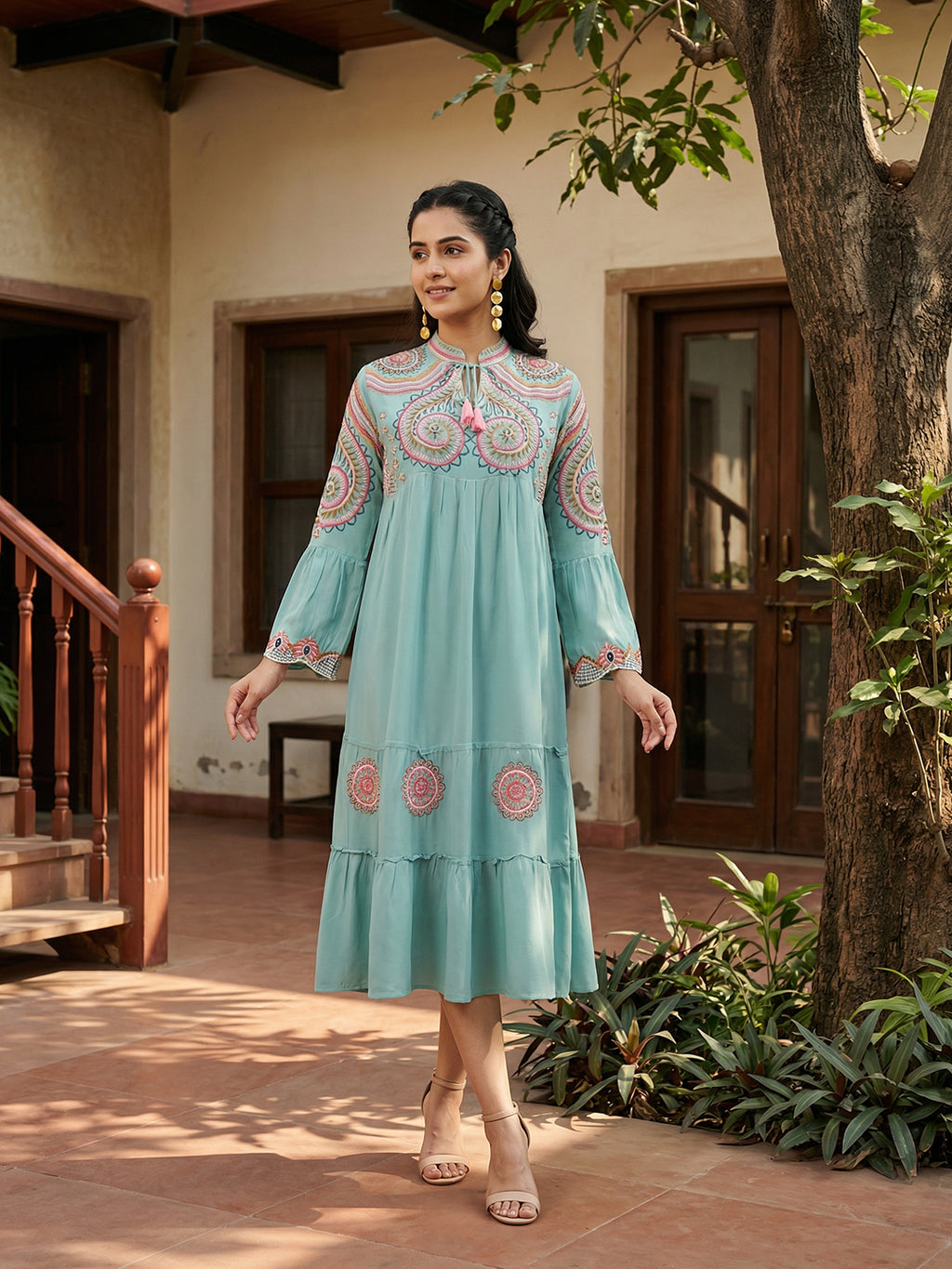 Zummer Sea Green Embroidered Midi Dress