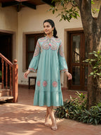 Zummer Sea Green Embroidered Midi Dress