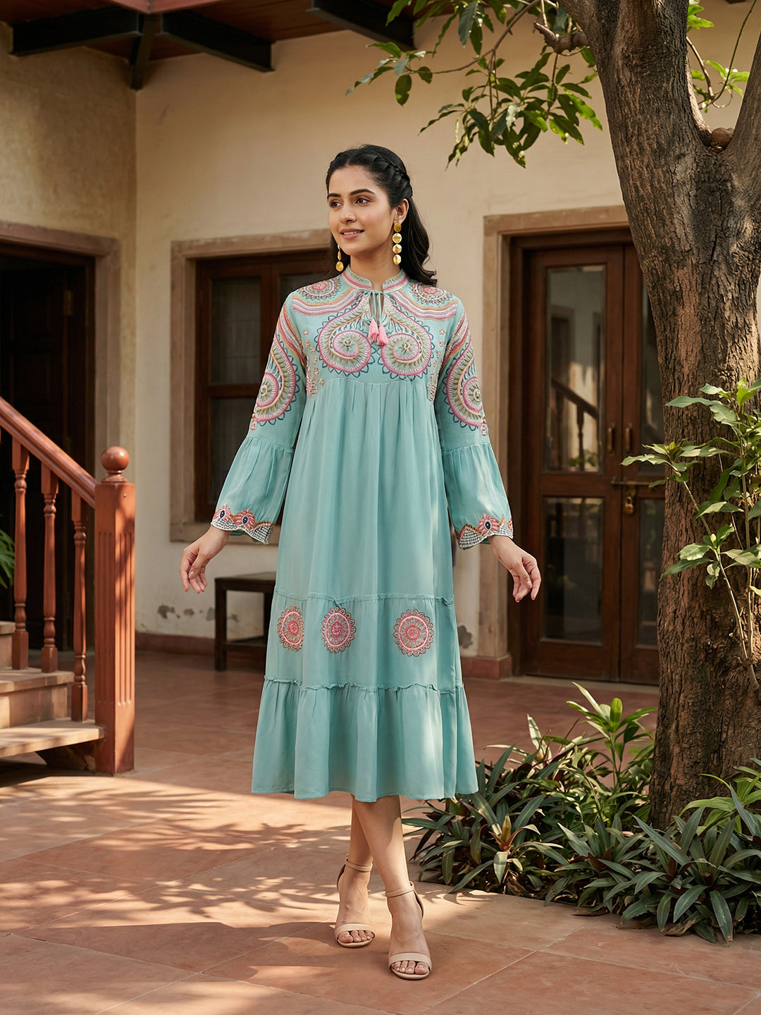 Zummer Sea Green Embroidered Midi Dress