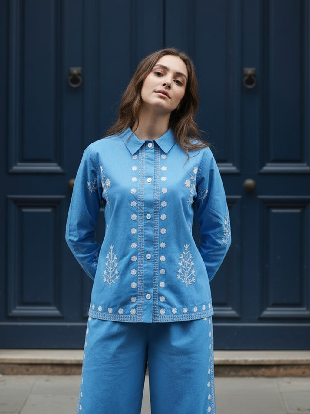 Cotton Embroidered Shirt With Palazzos Co-Ords Set