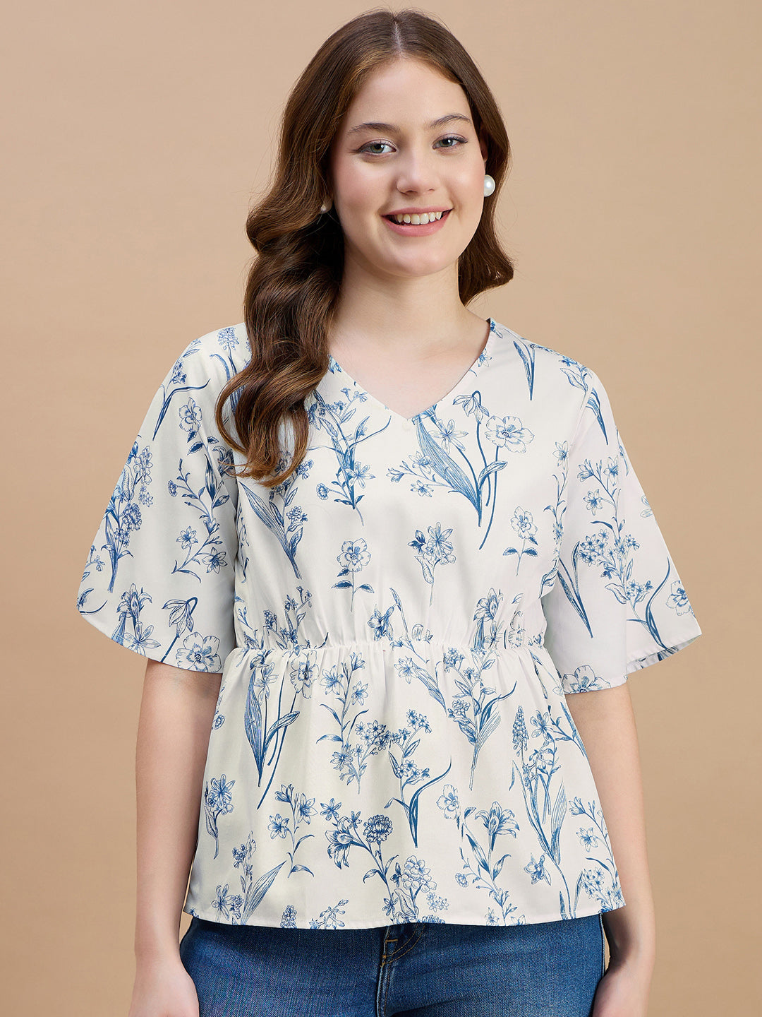 Polyester Floral Printed Off White Top