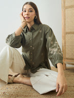 Cotton Olive Floral Embroidered Shirt