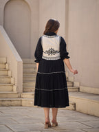 Zummer Women Navy Blue Embroidered Cotton Midi Dress Jacket