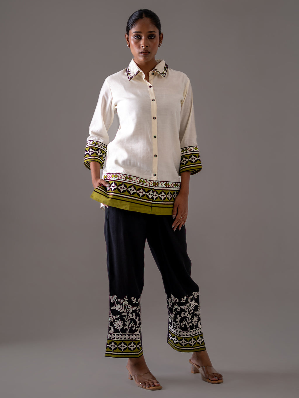Cotton Off White And Black Embroidered Shirt With Trouser Co-Ords Set