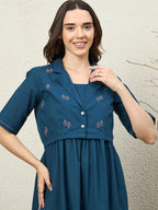 Zummer Cotton Flare Maxi Dress with Jacket – Teal, Off White & Maroon