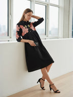 Zummer Rayon Black floral embroidered Shirt Collar Midi dress