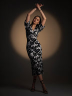 Black Leaves Printed Front Twisted Midi Dress