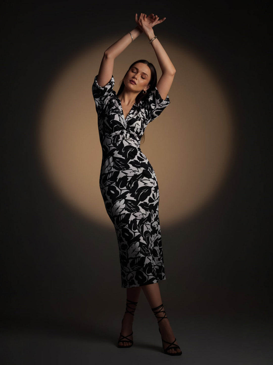 Black Leaves Printed Front Twisted Midi Dress