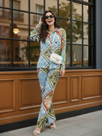 Multi Floral Satin Shirt With Darted Pants