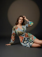 Satin Multi Floral Wrap Short Dress