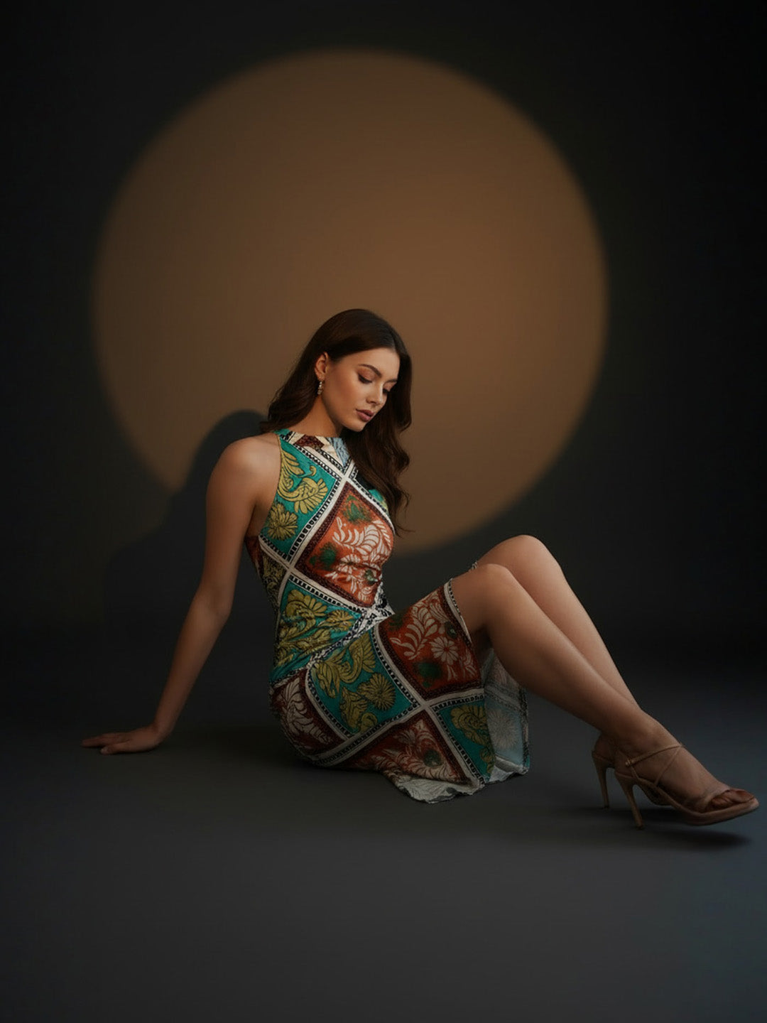 Multi Floral Satin Halter Neck Midi Dress